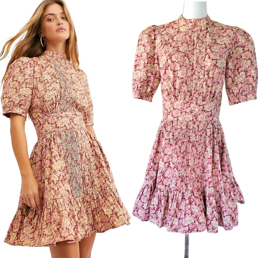 by TiMo  Free People Josephine Puff Sleeve Dress Floral Boho Prairie Red Cottage